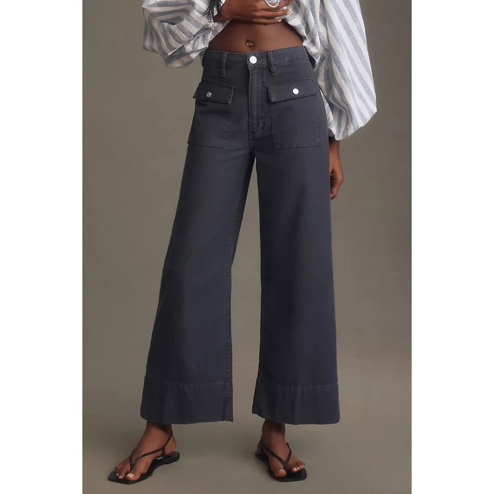Frame 70s Patch Pocket Cropped Wide Leg Pants Washed Navy Cotton High Rise 32
